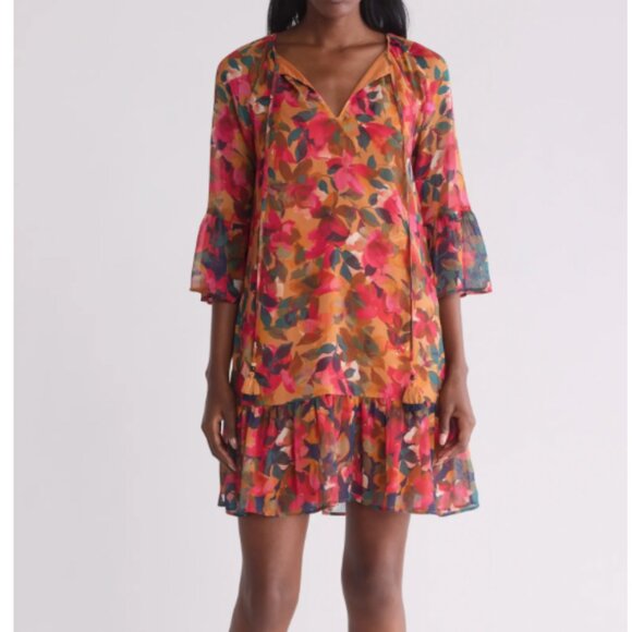 ⭐️ Floral Flounce Hem Flower Boho Bohemian Ruffle Classy Artsy Hip Chiffon Dress - Picture 1 of 8